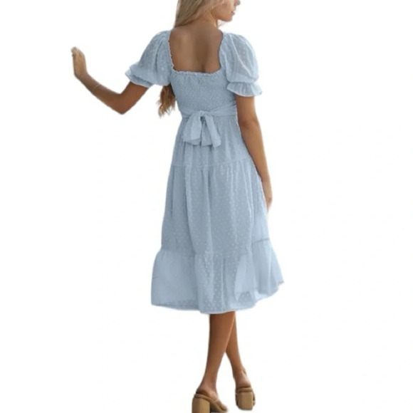 NEW Women's 2024 Summer Square Neck Puff Sleeve Boho Midi Dress - Picture 2 of 4